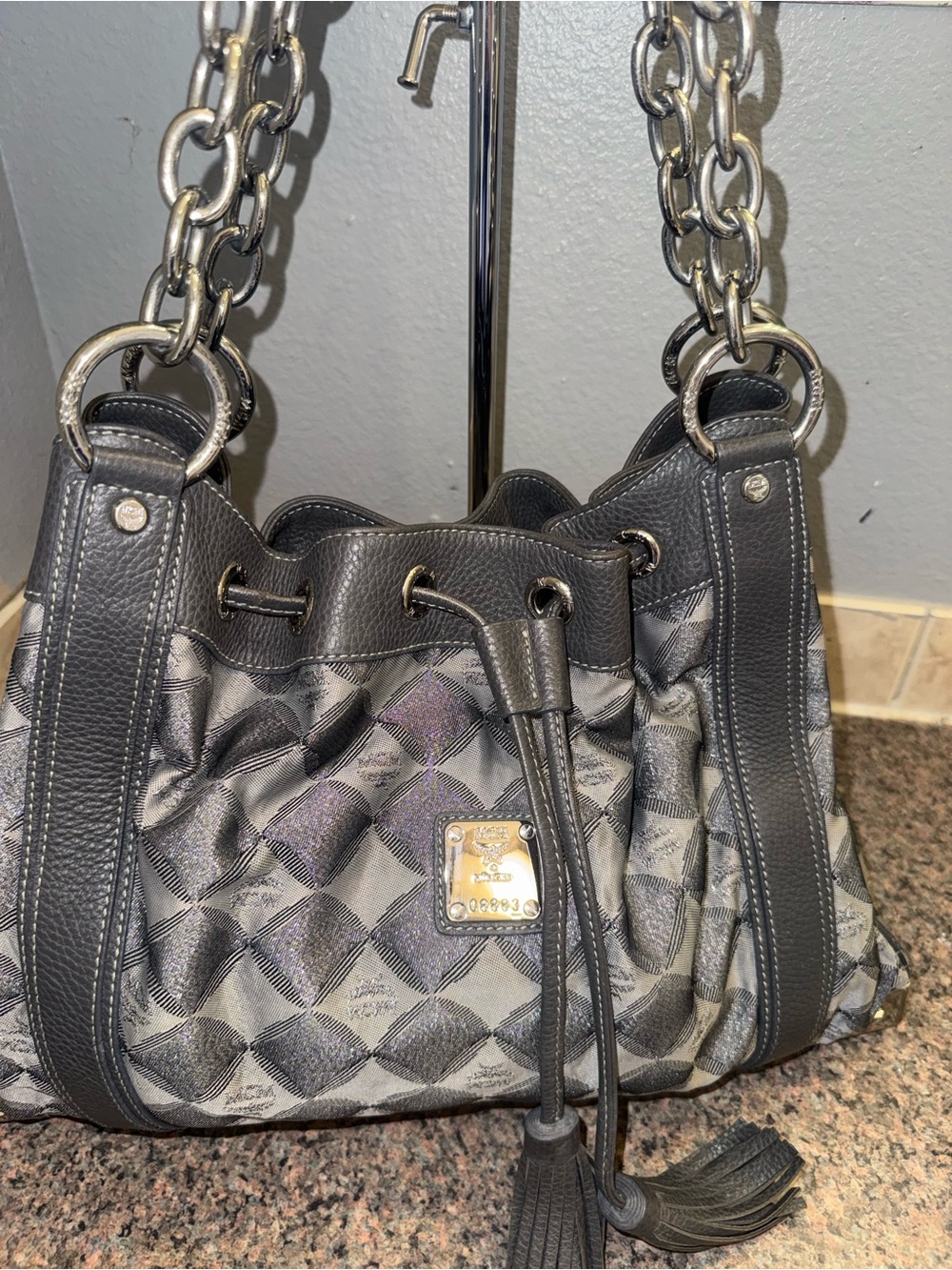 MCM Gray limited edition Drawstring Shoulder Bag with Tassels EUC - Picture 8 of 9
